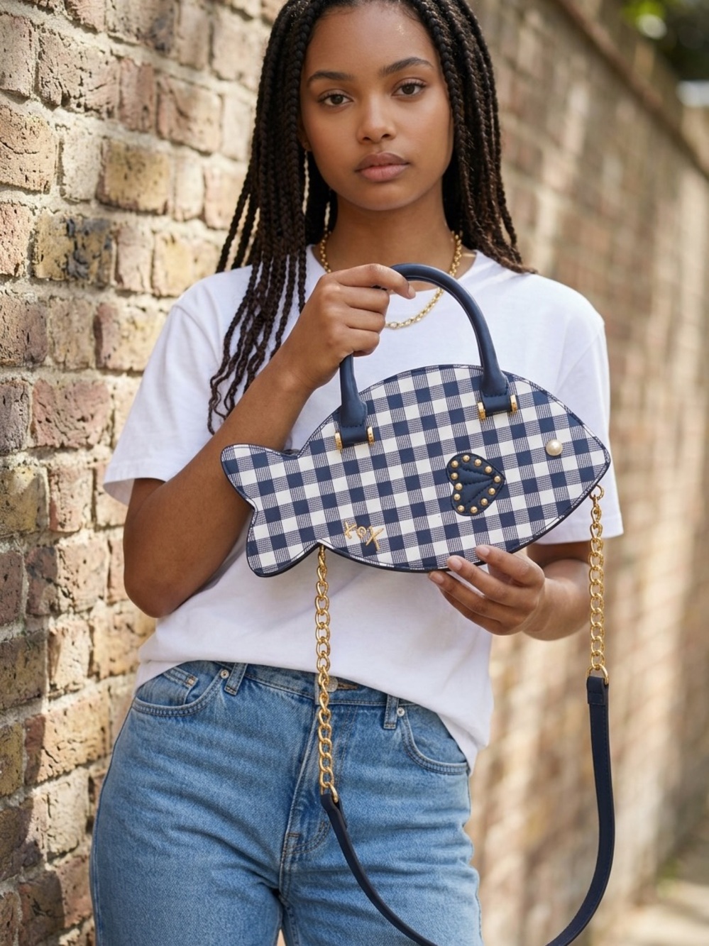 Betsey Johnson Navy & White Gingham Fish Crossbody Bag